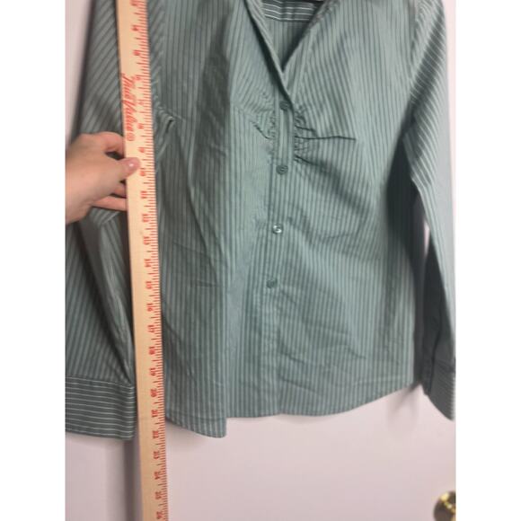 Worthington Women Top SP White Green Striped Button Front Long Sleeve Shirt - Picture 5 of 6